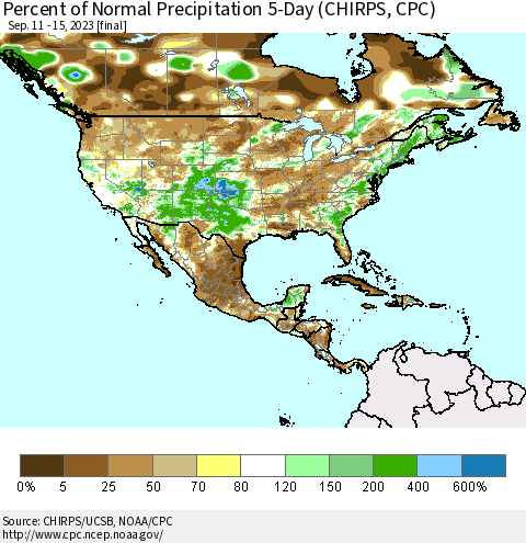 North America Percent of Normal Precipitation 5-Day (CHIRPS) Thematic Map For 9/11/2023 - 9/15/2023