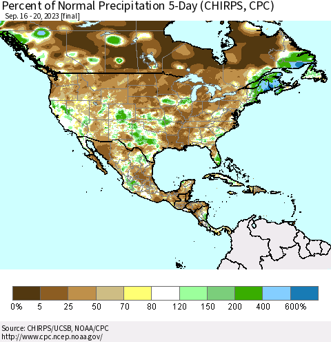 North America Percent of Normal Precipitation 5-Day (CHIRPS) Thematic Map For 9/16/2023 - 9/20/2023