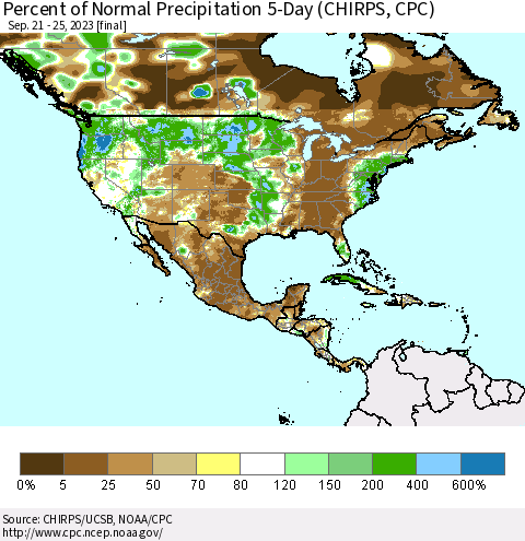North America Percent of Normal Precipitation 5-Day (CHIRPS) Thematic Map For 9/21/2023 - 9/25/2023