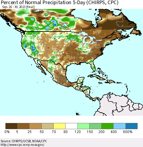 North America Percent of Normal Precipitation 5-Day (CHIRPS) Thematic Map For 9/26/2023 - 9/30/2023