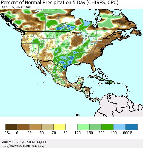 North America Percent of Normal Precipitation 5-Day (CHIRPS) Thematic Map For 10/1/2023 - 10/5/2023