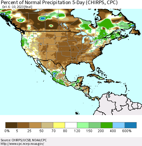 North America Percent of Normal Precipitation 5-Day (CHIRPS) Thematic Map For 10/6/2023 - 10/10/2023