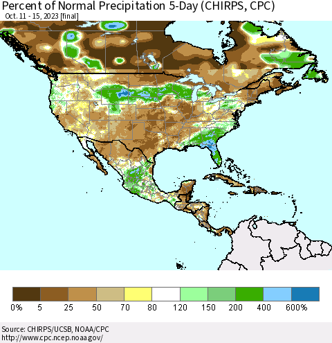 North America Percent of Normal Precipitation 5-Day (CHIRPS) Thematic Map For 10/11/2023 - 10/15/2023