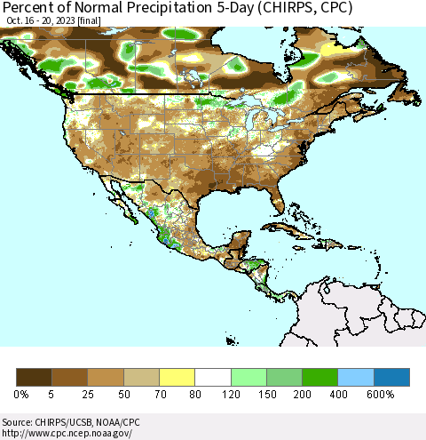 North America Percent of Normal Precipitation 5-Day (CHIRPS) Thematic Map For 10/16/2023 - 10/20/2023