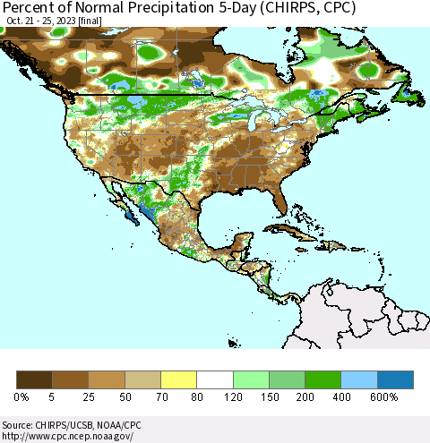 North America Percent of Normal Precipitation 5-Day (CHIRPS) Thematic Map For 10/21/2023 - 10/25/2023