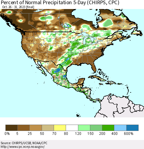 North America Percent of Normal Precipitation 5-Day (CHIRPS) Thematic Map For 10/26/2023 - 10/31/2023