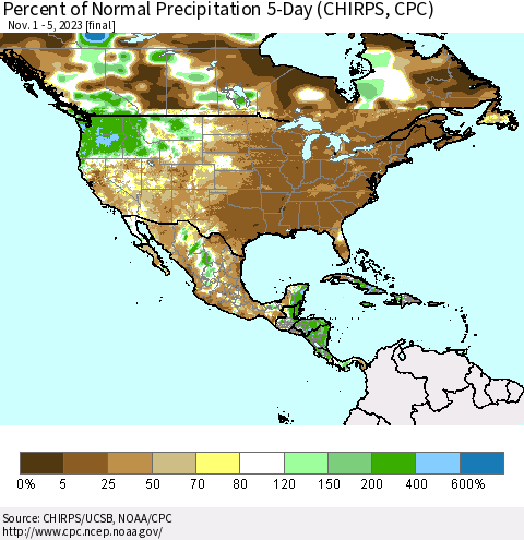 North America Percent of Normal Precipitation 5-Day (CHIRPS) Thematic Map For 11/1/2023 - 11/5/2023