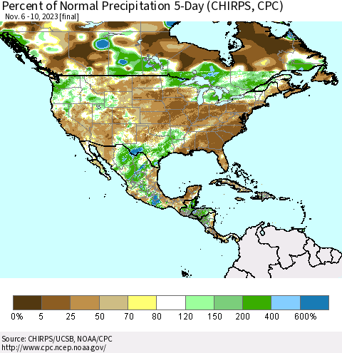 North America Percent of Normal Precipitation 5-Day (CHIRPS) Thematic Map For 11/6/2023 - 11/10/2023