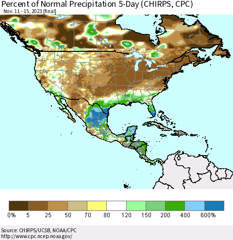 North America Percent of Normal Precipitation 5-Day (CHIRPS) Thematic Map For 11/11/2023 - 11/15/2023