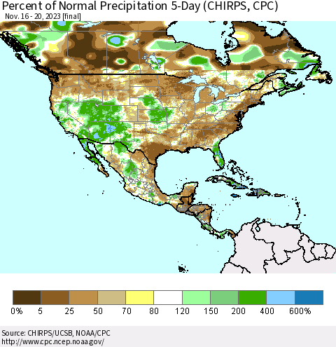 North America Percent of Normal Precipitation 5-Day (CHIRPS) Thematic Map For 11/16/2023 - 11/20/2023