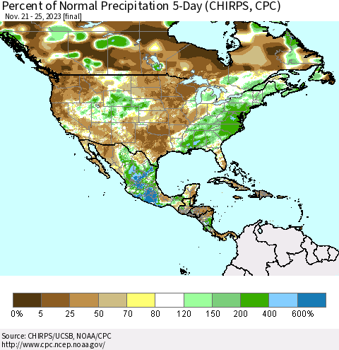 North America Percent of Normal Precipitation 5-Day (CHIRPS) Thematic Map For 11/21/2023 - 11/25/2023