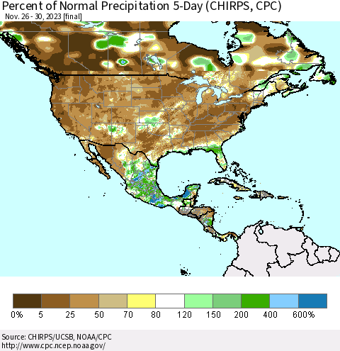 North America Percent of Normal Precipitation 5-Day (CHIRPS) Thematic Map For 11/26/2023 - 11/30/2023