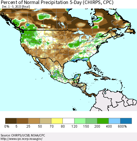 North America Percent of Normal Precipitation 5-Day (CHIRPS) Thematic Map For 12/1/2023 - 12/5/2023