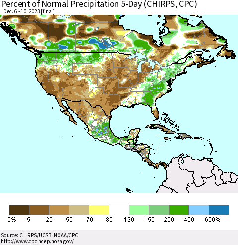 North America Percent of Normal Precipitation 5-Day (CHIRPS) Thematic Map For 12/6/2023 - 12/10/2023