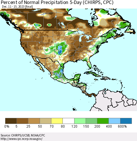North America Percent of Normal Precipitation 5-Day (CHIRPS) Thematic Map For 12/11/2023 - 12/15/2023