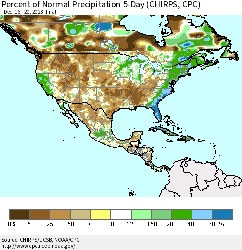 North America Percent of Normal Precipitation 5-Day (CHIRPS) Thematic Map For 12/16/2023 - 12/20/2023