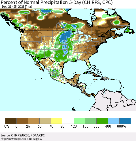 North America Percent of Normal Precipitation 5-Day (CHIRPS) Thematic Map For 12/21/2023 - 12/25/2023