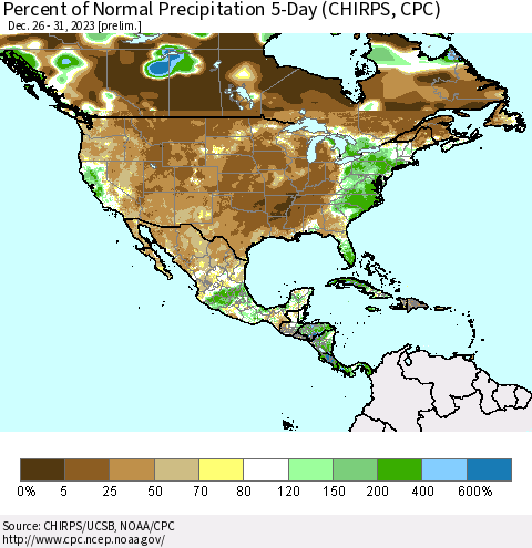 North America Percent of Normal Precipitation 5-Day (CHIRPS) Thematic Map For 12/26/2023 - 12/31/2023
