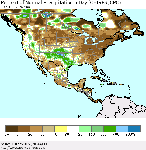 North America Percent of Normal Precipitation 5-Day (CHIRPS) Thematic Map For 1/1/2024 - 1/5/2024
