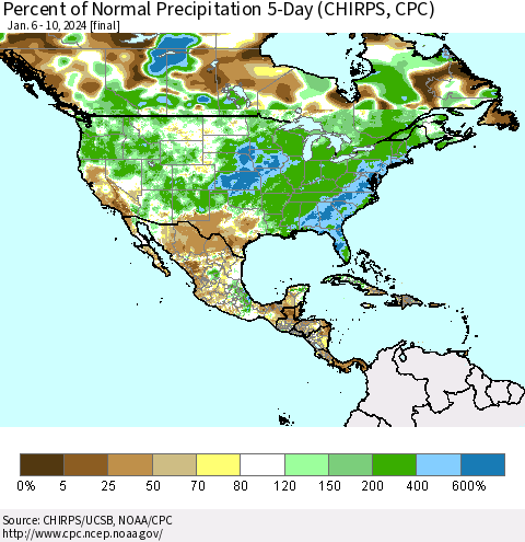 North America Percent of Normal Precipitation 5-Day (CHIRPS) Thematic Map For 1/6/2024 - 1/10/2024