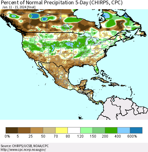 North America Percent of Normal Precipitation 5-Day (CHIRPS) Thematic Map For 1/11/2024 - 1/15/2024