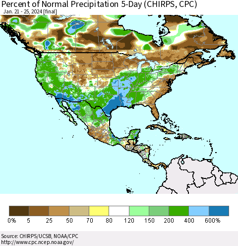 North America Percent of Normal Precipitation 5-Day (CHIRPS) Thematic Map For 1/21/2024 - 1/25/2024