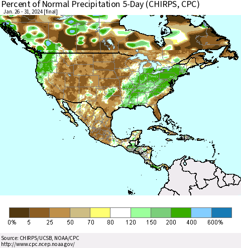 North America Percent of Normal Precipitation 5-Day (CHIRPS) Thematic Map For 1/26/2024 - 1/31/2024