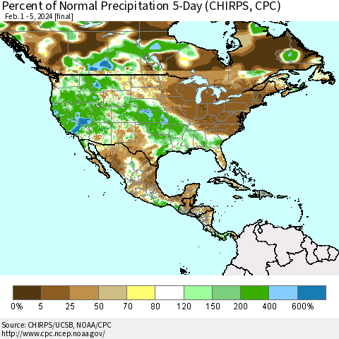 North America Percent of Normal Precipitation 5-Day (CHIRPS) Thematic Map For 2/1/2024 - 2/5/2024