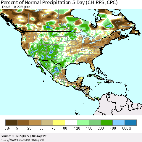 North America Percent of Normal Precipitation 5-Day (CHIRPS) Thematic Map For 2/6/2024 - 2/10/2024