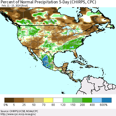 North America Percent of Normal Precipitation 5-Day (CHIRPS) Thematic Map For 2/11/2024 - 2/15/2024
