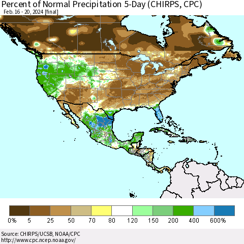 North America Percent of Normal Precipitation 5-Day (CHIRPS) Thematic Map For 2/16/2024 - 2/20/2024