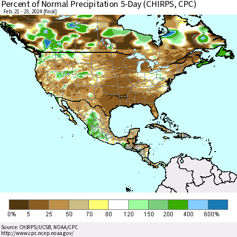 North America Percent of Normal Precipitation 5-Day (CHIRPS) Thematic Map For 2/21/2024 - 2/25/2024