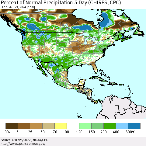 North America Percent of Normal Precipitation 5-Day (CHIRPS) Thematic Map For 2/26/2024 - 2/29/2024