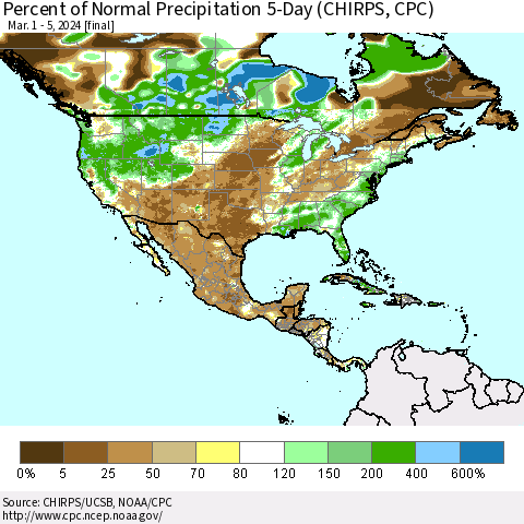 North America Percent of Normal Precipitation 5-Day (CHIRPS) Thematic Map For 3/1/2024 - 3/5/2024