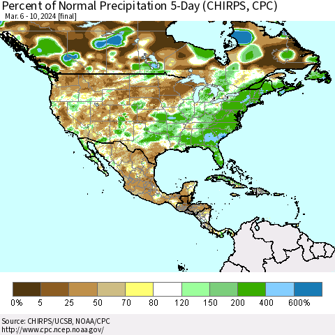 North America Percent of Normal Precipitation 5-Day (CHIRPS) Thematic Map For 3/6/2024 - 3/10/2024