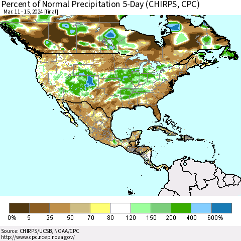 North America Percent of Normal Precipitation 5-Day (CHIRPS) Thematic Map For 3/11/2024 - 3/15/2024