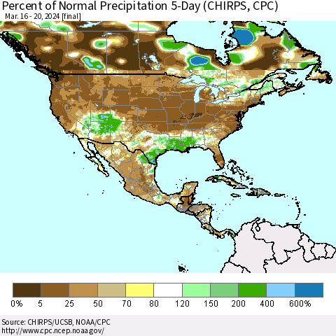 North America Percent of Normal Precipitation 5-Day (CHIRPS) Thematic Map For 3/16/2024 - 3/20/2024
