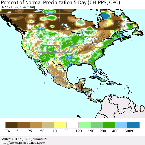 North America Percent of Normal Precipitation 5-Day (CHIRPS) Thematic Map For 3/21/2024 - 3/25/2024