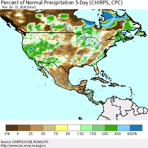 North America Percent of Normal Precipitation 5-Day (CHIRPS) Thematic Map For 3/26/2024 - 3/31/2024