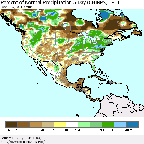 North America Percent of Normal Precipitation 5-Day (CHIRPS) Thematic Map For 4/1/2024 - 4/5/2024