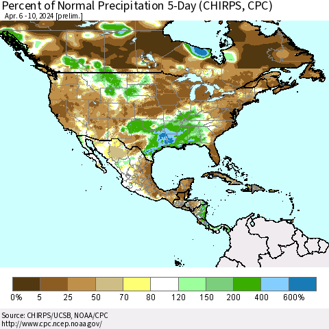 North America Percent of Normal Precipitation 5-Day (CHIRPS) Thematic Map For 4/6/2024 - 4/10/2024