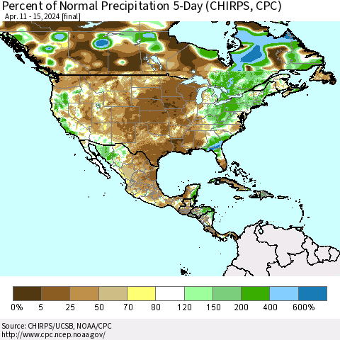 North America Percent of Normal Precipitation 5-Day (CHIRPS) Thematic Map For 4/11/2024 - 4/15/2024