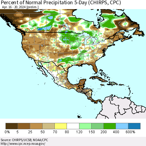 North America Percent of Normal Precipitation 5-Day (CHIRPS) Thematic Map For 4/16/2024 - 4/20/2024