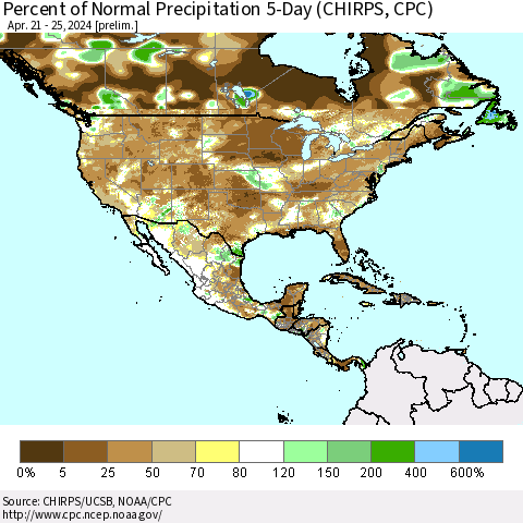 North America Percent of Normal Precipitation 5-Day (CHIRPS) Thematic Map For 4/21/2024 - 4/25/2024