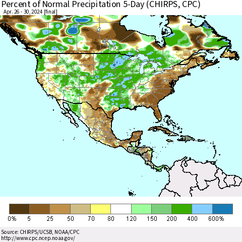 North America Percent of Normal Precipitation 5-Day (CHIRPS) Thematic Map For 4/26/2024 - 4/30/2024