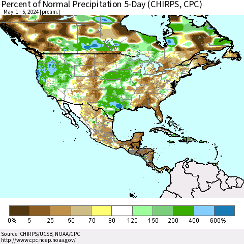 North America Percent of Normal Precipitation 5-Day (CHIRPS) Thematic Map For 5/1/2024 - 5/5/2024
