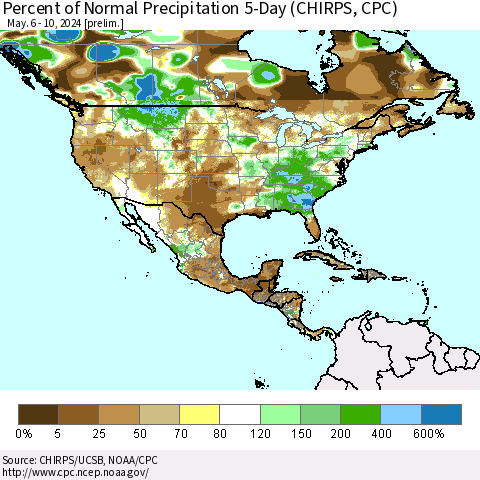 North America Percent of Normal Precipitation 5-Day (CHIRPS) Thematic Map For 5/6/2024 - 5/10/2024