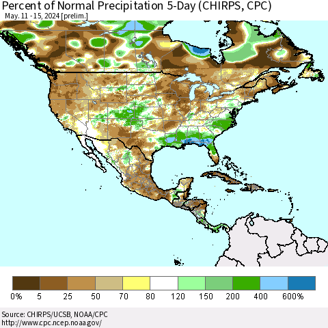North America Percent of Normal Precipitation 5-Day (CHIRPS) Thematic Map For 5/11/2024 - 5/15/2024