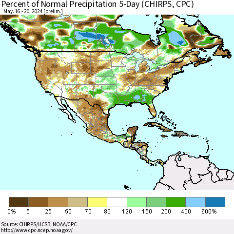 North America Percent of Normal Precipitation 5-Day (CHIRPS) Thematic Map For 5/16/2024 - 5/20/2024