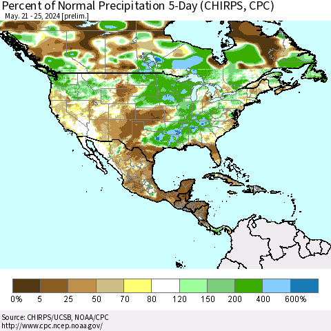 North America Percent of Normal Precipitation 5-Day (CHIRPS) Thematic Map For 5/21/2024 - 5/25/2024